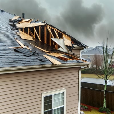 a roof of a house damaged by a storm that needs an emergency repair