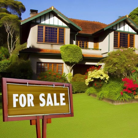 big nice house with beautiful yeard with For Sale sign in front of it