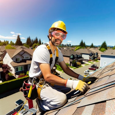 roofer laying shingles wearing PPE