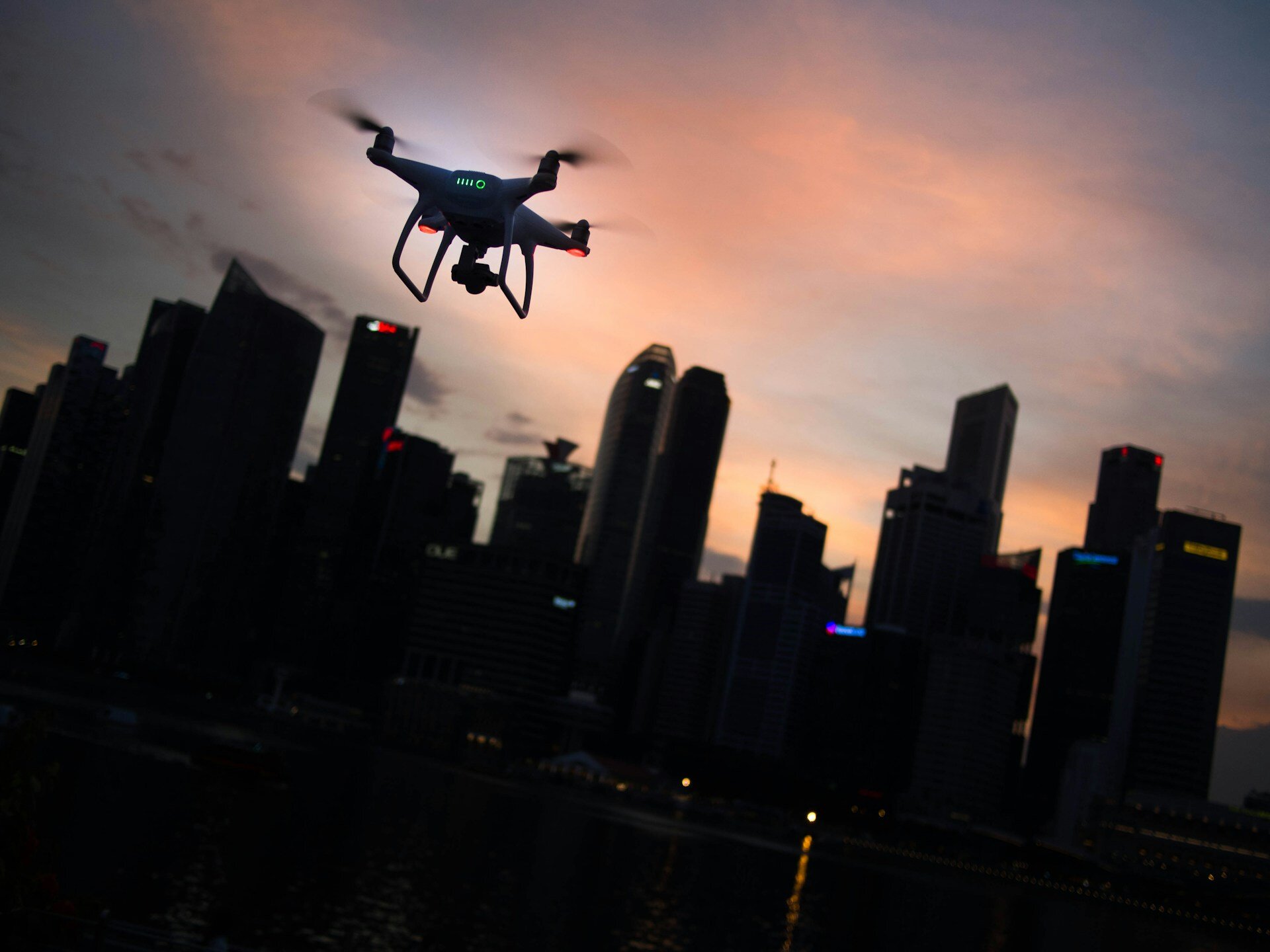 drone flying above city